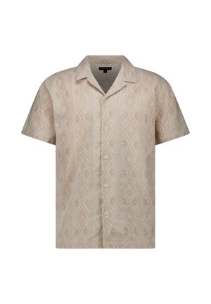 Beige kortärmad overhemd met knopen, een kraag en een subtiel verticale geometrisch diamantpatroon.