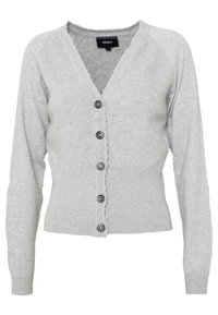 Cardigan grigio lavorato a maglia con scollo a V, maniche lunghe e bordo ondulato lungo la parte dei bottoni, dotato di cinque bottoni scuri.