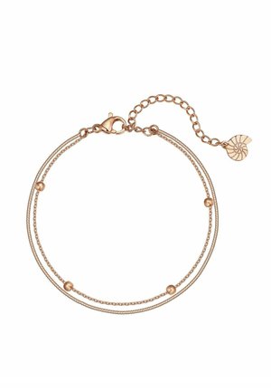 Rose gold double-layer bracelet featuring smooth spherical accents, a clasp closure, and a chain extension with a small shell charm.