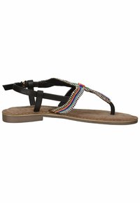 Zwarte leren platte sandalen met gekleurde kralenaccenten op de bovenkant, met een teenslipperstijl en een gevoerde beige binnenzool.