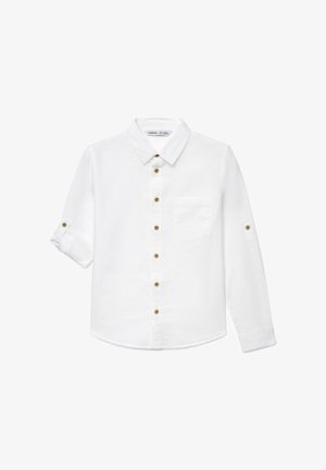 Camicia bianca a maniche lunghe in cotone, con colletto a punta, taschino frontale e bottoni marroni lungo la patta e sulle maniche arrotolate.