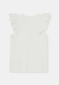 Witte mouwloze top met kantafwerking aan de gerimpelde mouwen, ronde hals en een kleine sleutelgatopening aan de achterkant. Gladde katoenen stof.