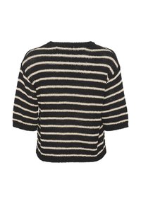 Maglione a righe nero e crema lavorato a maglia con maniche corte e vestibilità ampia, caratterizzato da un collo tondo e un tessuto testurizzato.