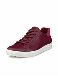 Burgundy leather sneaker with lace-up design, white rubber sole, smooth texture, and contrasting pink accents at the heel.