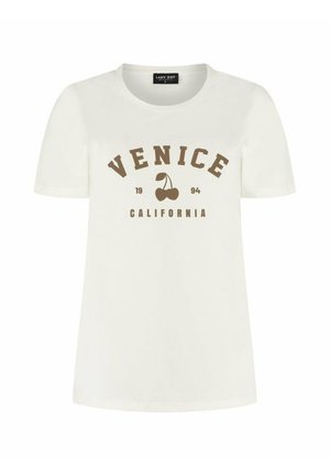 Wit T-shirt met korte mouwen en bruine tekst "VENICE," kersenafbeelding, "19 94," en "CALIFORNIË" op de voorkant.