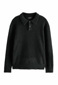 Sort, tekstureret pullover sweater med krave, tre-knaps lukning og lange ærmer. Fremstillet af et blødt, fuzzy materiale.