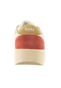 Red and beige suede sneaker with a cream rubber sole and a yellow accent on the heel. "Gola" logo displayed on the back.