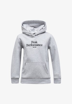 Grijze hooded sweatshirt met een kangoeroezak. "Peak Performance" logo in het zwart gedrukt op de voorkant. Ribbelmanchetten en onderkant. Zacht materiaal.
