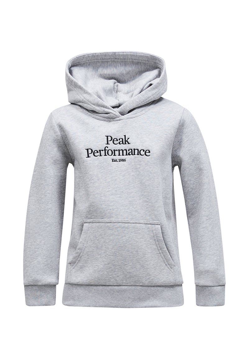 Gray hooded sweatshirt with a kangaroo pocket. "Peak Performance" logo printed in black on the front. Ribbed cuffs and hem. Soft material.