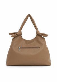 Große Handtasche aus hellbraunem Leder mit verknoteten Griffen, vorne mit Reißverschlusstasche und strukturierter Oberfläche.