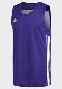 Maillot de sport sans manches Adidas violet avec logo blanc sur la poitrine et trois bandes blanches le long du côté droit.
