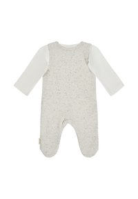 Cotton infant romper in light grey with black speckles, featuring long white sleeves, round neckline, and enclosed feet.