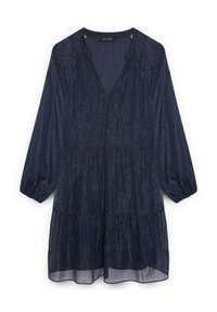 Granatowa sukienka z dekoltem w serek, długimi bufkami i warstwowym dołem. Wykonana z teksturowanej tkaniny z metalicznymi nitkami.