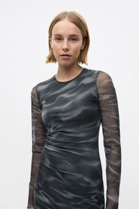 Dark gray fitted dress with long sheer sleeves, featuring a wavy texture and ruched detailing along the body. Smooth, lightweight fabric.
