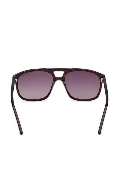 Tortoiseshell rectangular sunglasses with dark purple tinted lenses and a bridge cutout in the center.