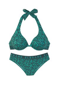 Turkoosi bikinit, joissa on kaula-aukko ja sidontanauha sekä yhteensopivat alushousut. Molemmissa osissa on teksturoitu, aaltoileva kuvio ja logonauha.