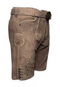 Brune ruskinds-shorts med indviklede prægede design, en flettet detalje og dekorative knapper langs siden, samt et matchende bælte.