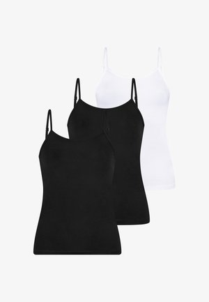 Trois débardeurs en noir et blanc. Les débardeurs noirs ont des bretelles spaghetti réglables et une coupe slim ; le débardeur blanc a un design similaire.