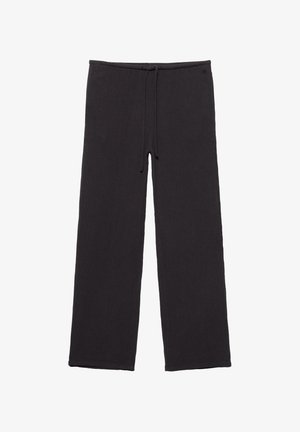 Czarne szerokie spodnie dresowe z elastycznym pasem i sznurkiem, z gładkim przodem i bez widocznych kieszeni.