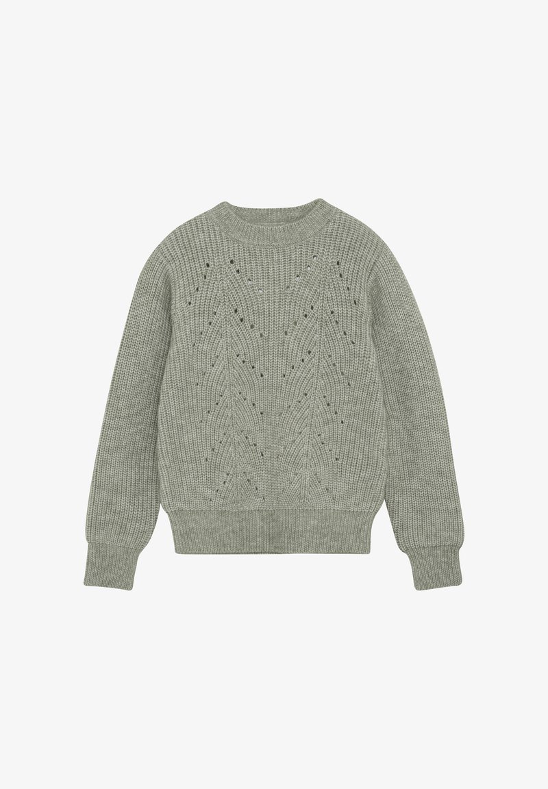 Ljust grönt stickat tröja med en texturerad mönster, med rund halsringning och långa ärmar. Ribbad ärmslut och nederkant.