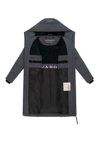 Padded gray jacket with a high collar, zip closure, and two inner pockets. Lined with black fabric, featuring a logo inside and care label.