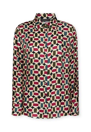 Langearmige shirt gemaakt van een geweven stof met patronen van rode, blauwe, groene en crèmekleurige ovale vormen op een donkere achtergrond. Knopen sluiting aan de voorkant.