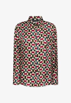 Chemise à manches longues en tissu à motifs présentant des formes ovales rouges, bleues, vertes et crème sur un fond sombre. Fermeture à boutons à l'avant.