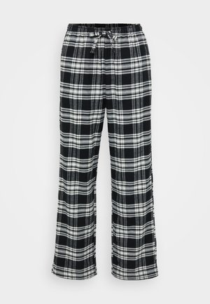 Zwart-wit geruite pyjamabroek met een elastische tailleband, verstelbaar trekkoord en wijde pijpen. Zachte stof met een ruitpatroon.