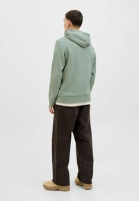 Hoodie vert clair vu de dos, avec une capuche à cordon, des poignets et un ourlet côtelés. Associé à un pantalon ample marron foncé et des chaussures beiges.