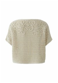 Pull à manches courtes en maille ouverte couleur crème avec un motif complexe de boucles sur le haut du dos et un design en grille texturée en dessous.