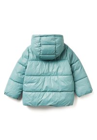 Pohodlná bunda v jasně teal barvě, s odnímatelnou kapucí, dlouhými rukávy a prošívaným designem. Hladká textura s lesklým povrchem.