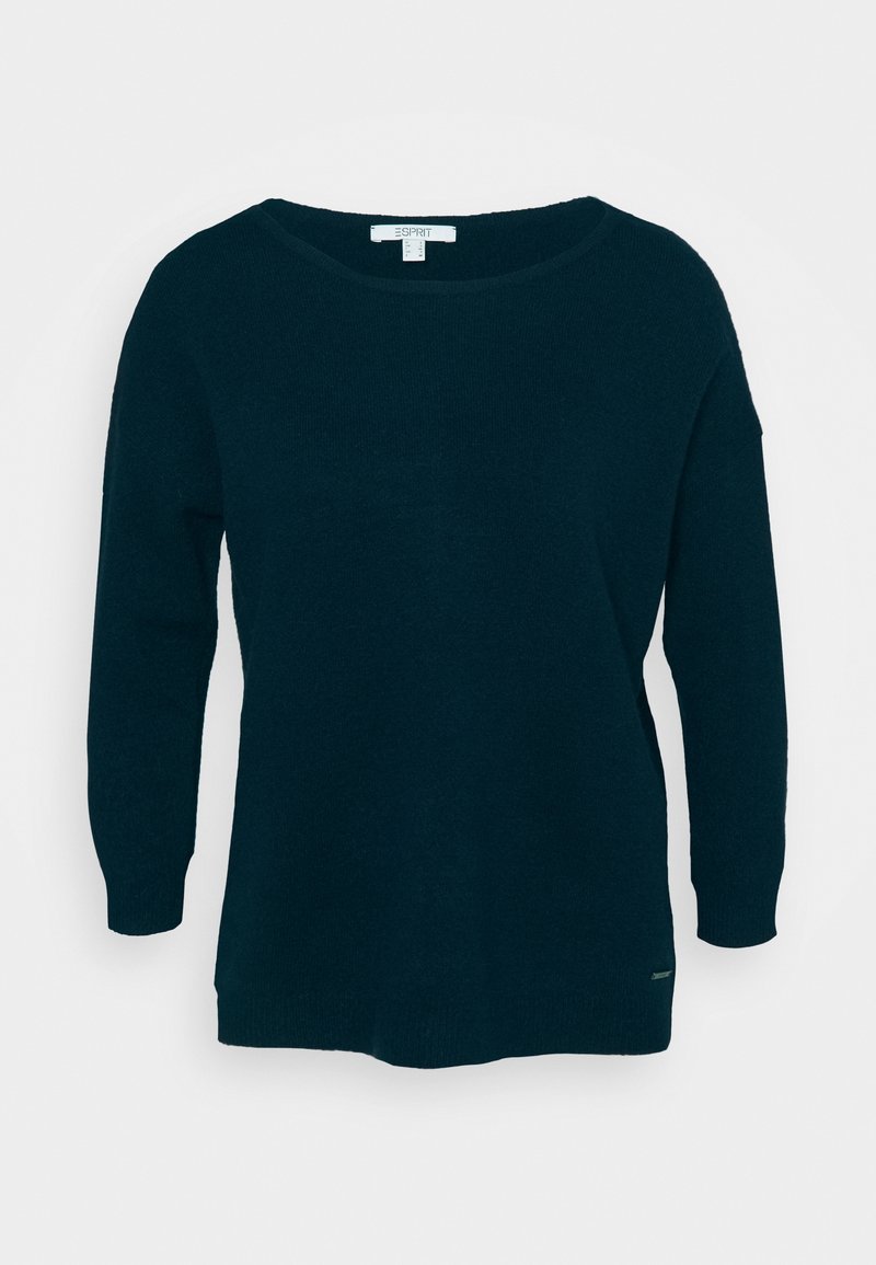 Pull-over col rond bleu marine foncé à manches longues, avec poignets et ourlet côtelés, présenté sur un fond blanc uni.