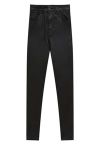 Schwarze, hochgeschnittene Skinny-Jeans aus glattem, dehnbarem Material mit fünf Taschen und einem Knopfverschluss an der Taille.