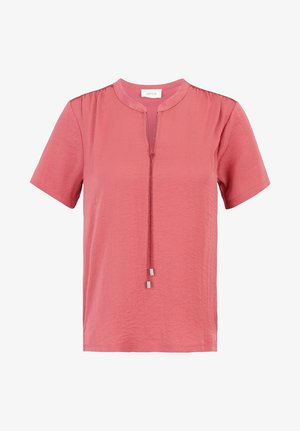 Kurzärmeliges, hellrosa Oberteil mit rundem Ausschnitt und dekorativem Kordelzug vorne. Weicher, strukturierter Stoff mit dezentem Glanz.