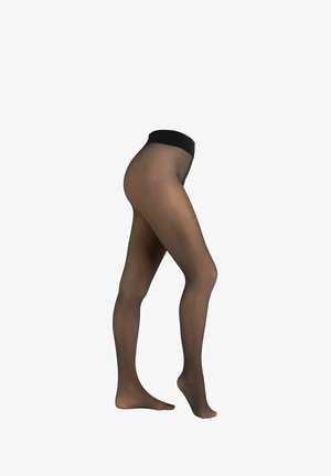 Zwarte doorschijnende panty's met een brede, zachte tailleband. Gladde textuur, nauwsluitende pasvorm en een glanzende afwerking, bedoeld om de benen volledig te bedekken.