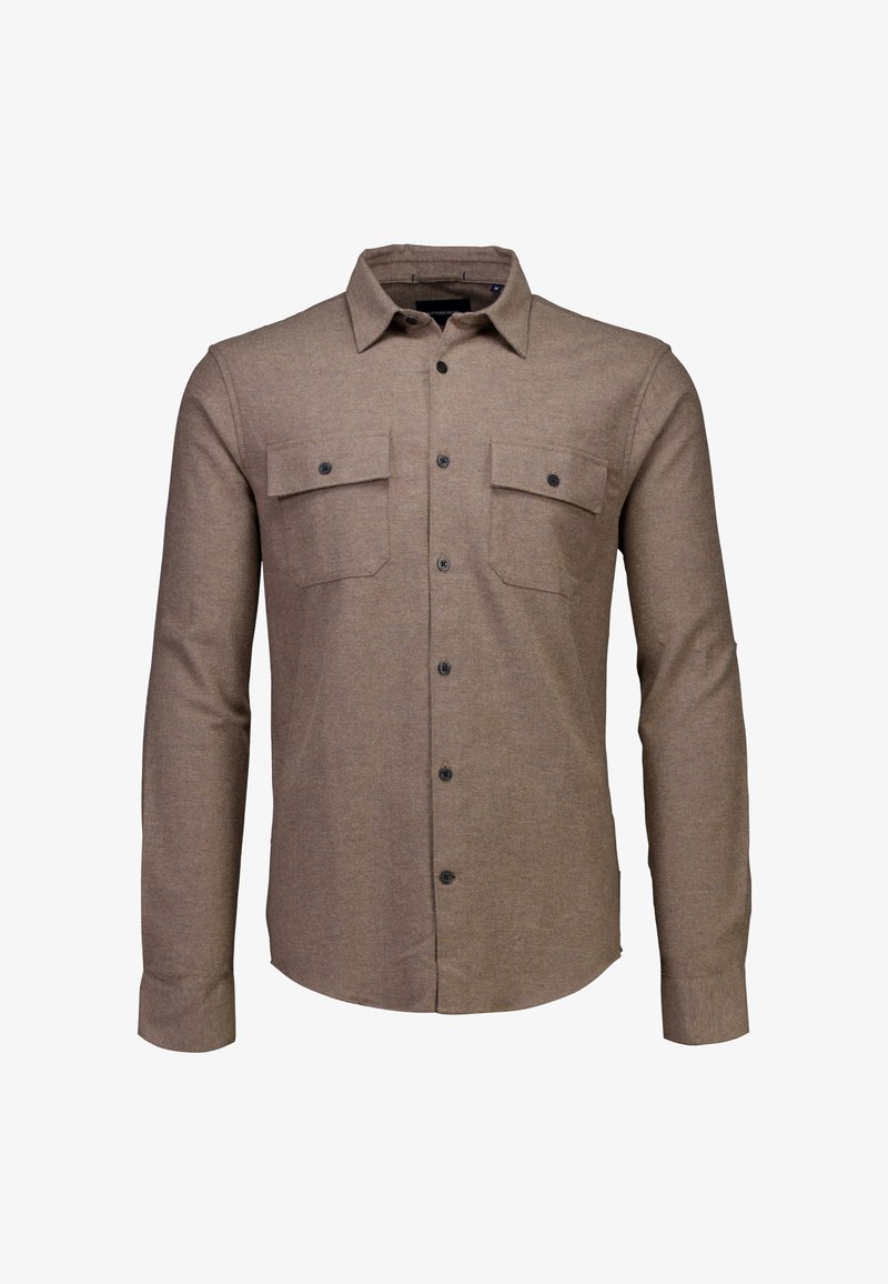 Camicia a bottoni marrone realizzata in tessuto testurizzato, con due tasche sul petto, colletto e bottoni neri lungo la parte anteriore.