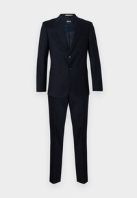 Navyblauer Anzug mit einem einreihigen Blazer mit zwei Knöpfen und passenden Hosen. Hergestellt aus glattem Stoff mit taillierter Passform.