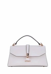 Borsa a tracolla in finta pelle bianca con forma strutturata, chiusura a pattina magnetica e dettagli in metallo dorato. Caratterizzata da una maniglia superiore e finiture nere.
