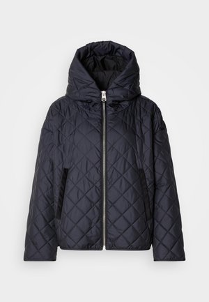 Quiltet dunjakke i marineblå med høj krave, lynlåslukning foran og sidelommer. Fremstillet af glat, let materiale.