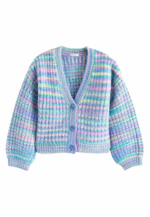 Grober Strick-Cardigan mit blauen Knöpfen, pastellfarbenem Streifenmuster in Rosa, Blau, Grün und Gelb, langen Ärmeln und V-Ausschnitt.