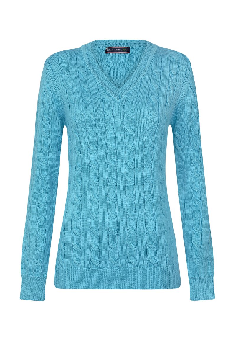 Hellblauer Strickpullover mit V-Ausschnitt, der ein Kabelmuster aufweist, lange Ärmel und gerippte Bündchen und Saum hat.