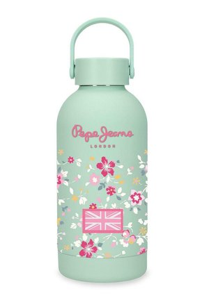 Botella de agua verde claro con patrón floral en rosa y blanco, logo de "Pepe Jeans London" y una bandera Union Jack rosa, con asa superior.