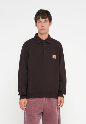 Dark brown long-sleeve polo shirt with a collar, featuring a small square logo patch on the left chest and relaxed fit design.