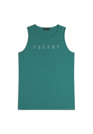 Canotta senza maniche di colore teal realizzata in tessuto morbido, con la scritta "FREDDY" ricamata in bianco sul petto. Design e taglio semplici.