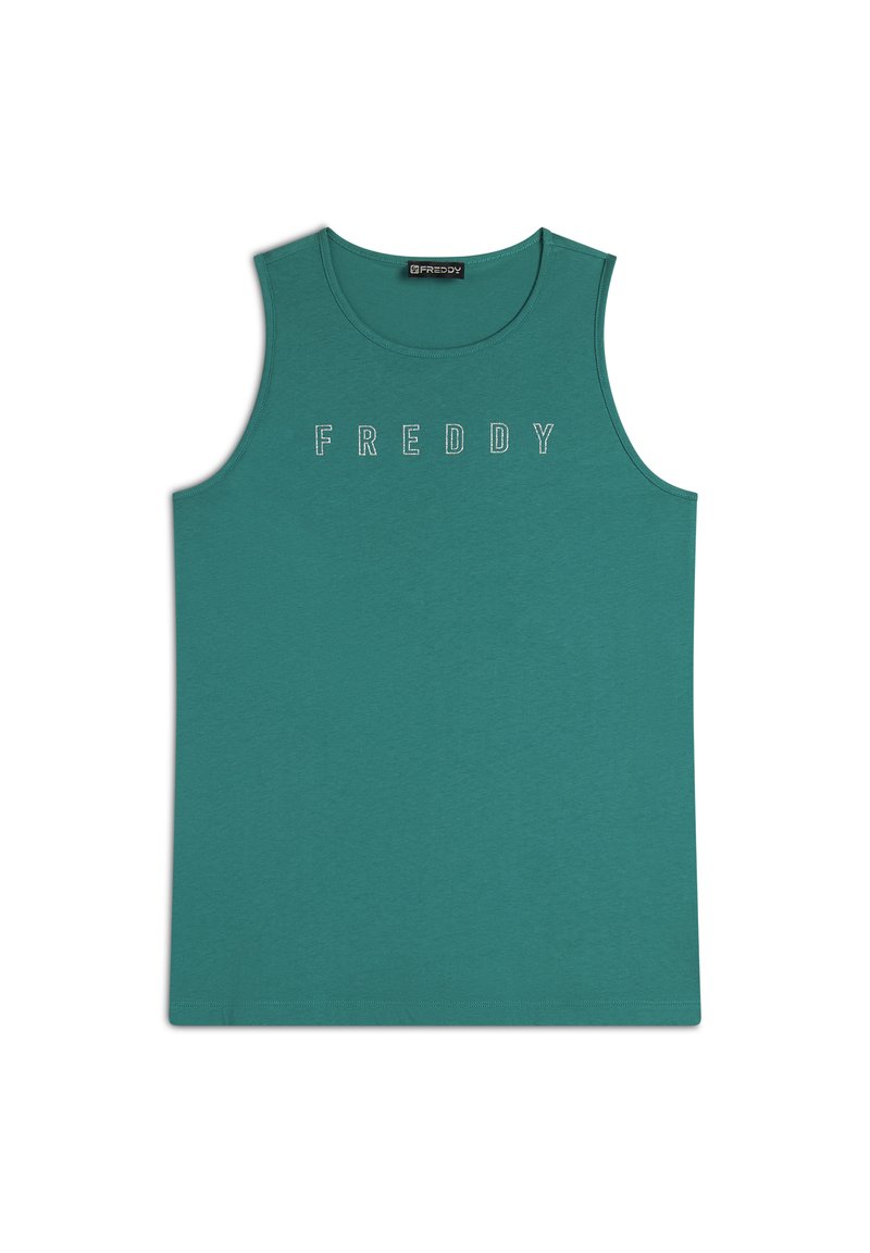 Canotta senza maniche di colore teal realizzata in tessuto morbido, con la scritta "FREDDY" ricamata in bianco sul petto. Design e taglio semplici.