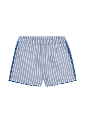 Hellblaue und weiße, vertikal gestreifte Shorts mit elastischem Bund, Seitentaschen und dunkelblauer, geschwungener Borte an Seiten und Saum.