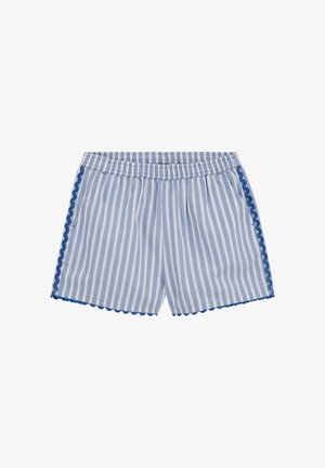 Helehallid ja valged vertikaalsed triibulised lühikesed püksid, millel on elastne vöökoht, küljetaskud ning tumesinised lainelised äärised külgedel ja alläärmel.