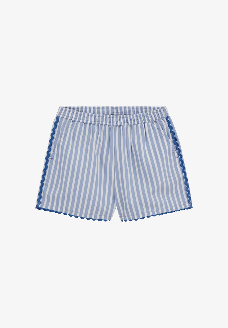 Hellblaue und weiße, vertikal gestreifte Shorts mit elastischem Bund, Seitentaschen und dunkelblauer, geschwungener Borte an Seiten und Saum.