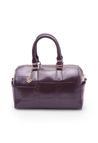 Purple crocodile-patterned handbag with a rounded shape, dual handles, gold-toned hardware, and a side pocket for extra storage.