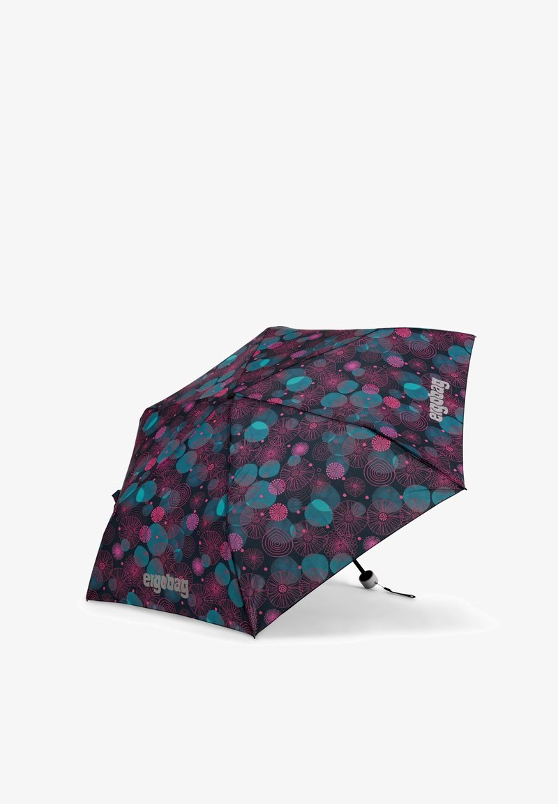 Compact umbrella with a dark background, featuring a pattern of teal circles and fuchsia floral designs. Includes a white brand logo.